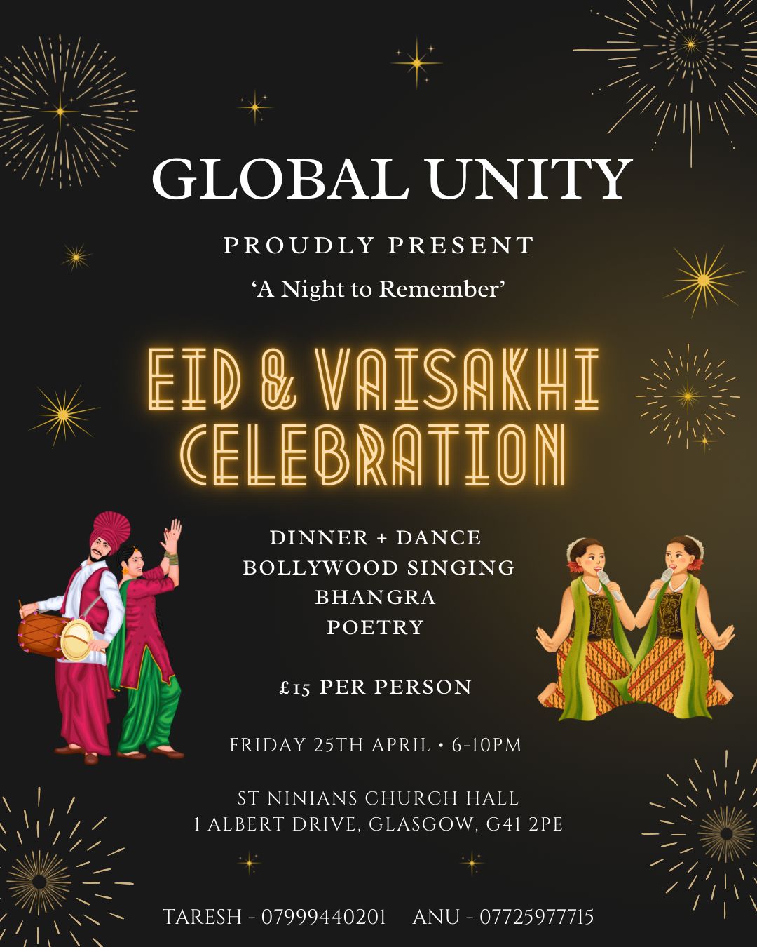 Poster for A Night to Remember, the Eid and Vaisakhi Celebration with dinner, dance, Bollywood singing, bhangra and poetry at St Ninians Church Hall