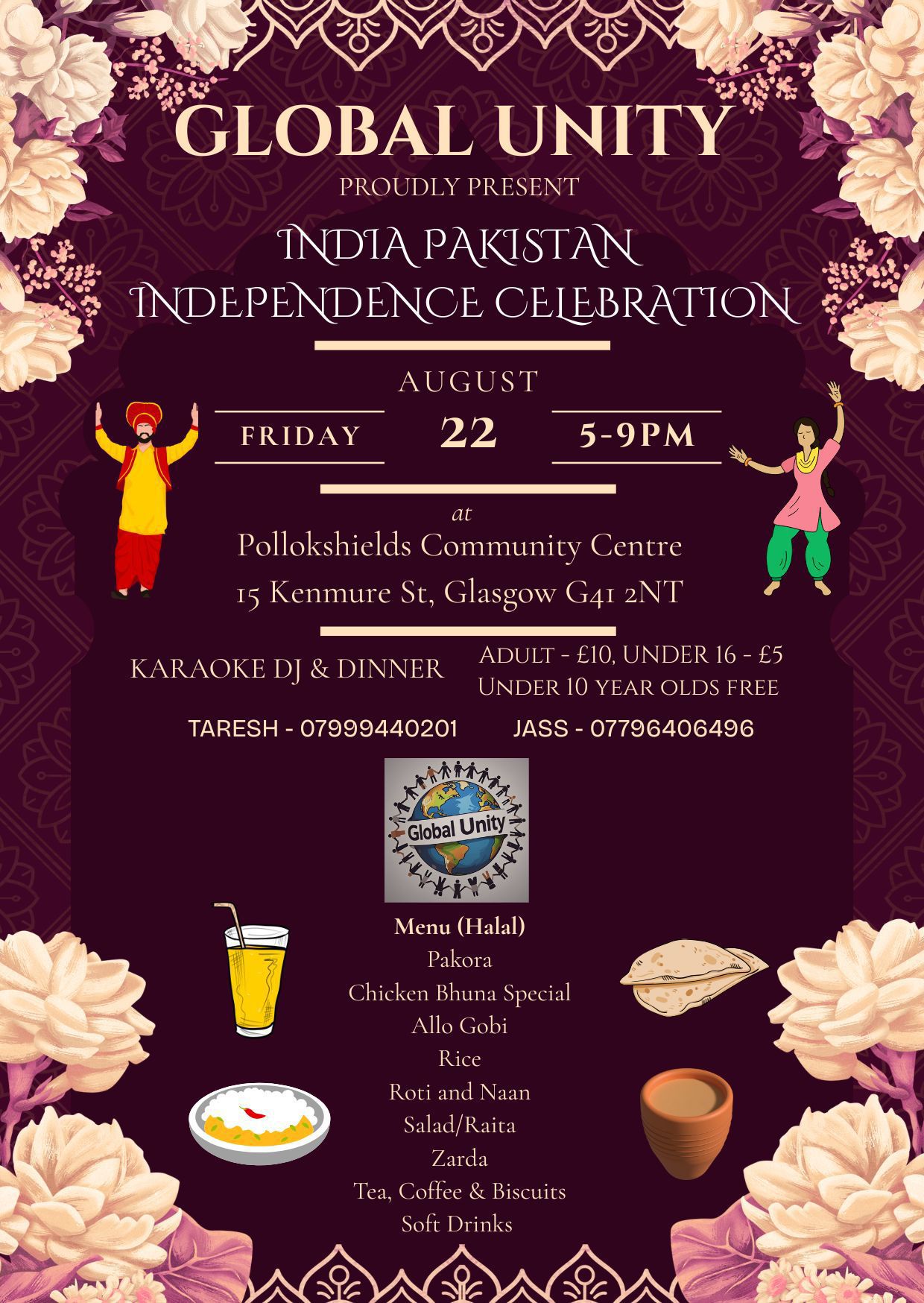 Poster for India Pakistan Independence Celebration with karaoke, DJ and dinner at Pollokshields Community Centre