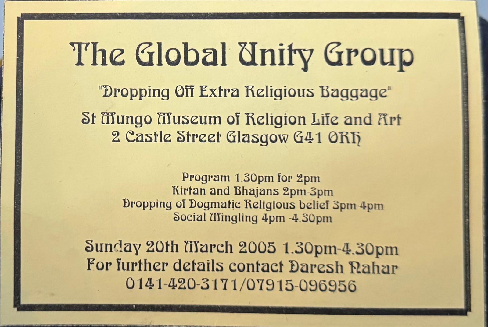 Vintage event card from The Global Unity Group, 20 March 2005, at St Mungo Museum of Religion Life and Art
