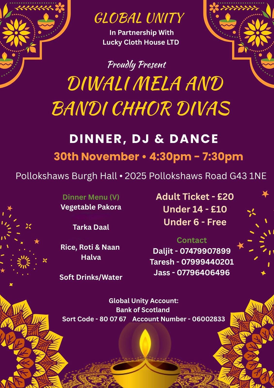 Poster for Diwali Mela and Bandi Chhor Divas with dinner, DJ and dance at Pollokshaws Burgh Hall